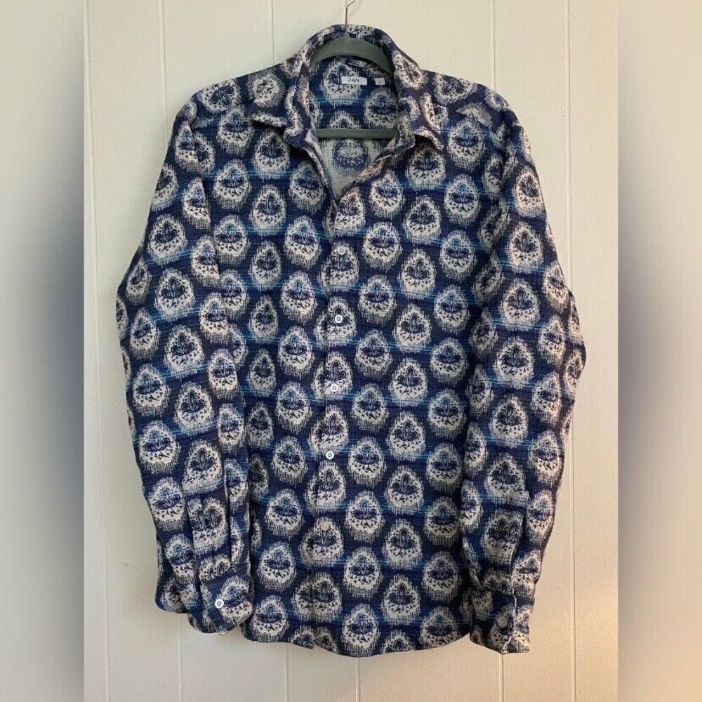 Jay’s Shirt Men’s Large Blue White Pattern Stretch Button Up Casual